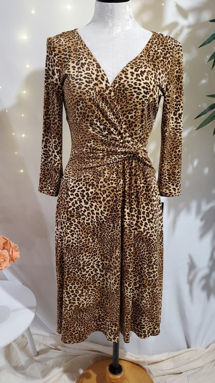 NWT Vtg Jessica Howard Leopard Animal Print Twist Faux Wrap Dress Size 6 Stretch